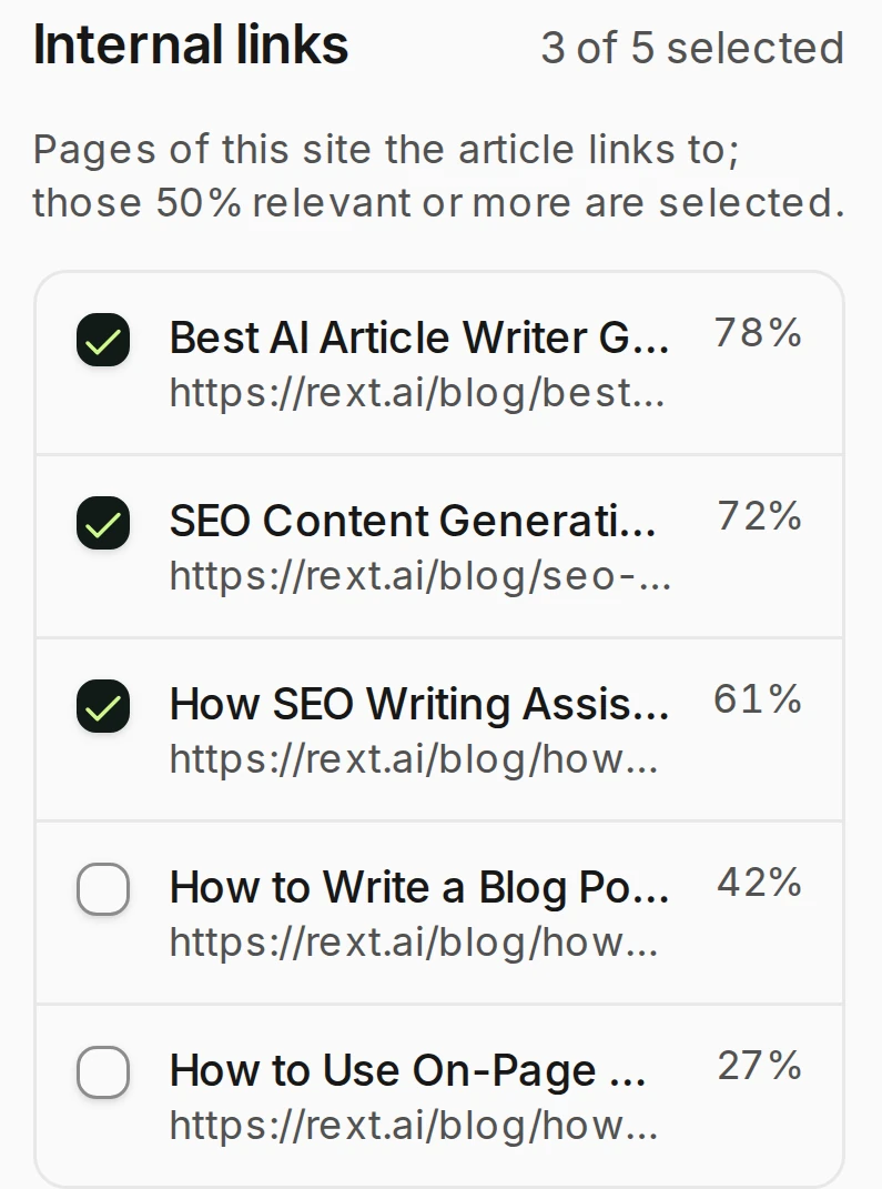Internal links in Rext AI: the site's own articles ranked by relevance, those at 50% or more selected.