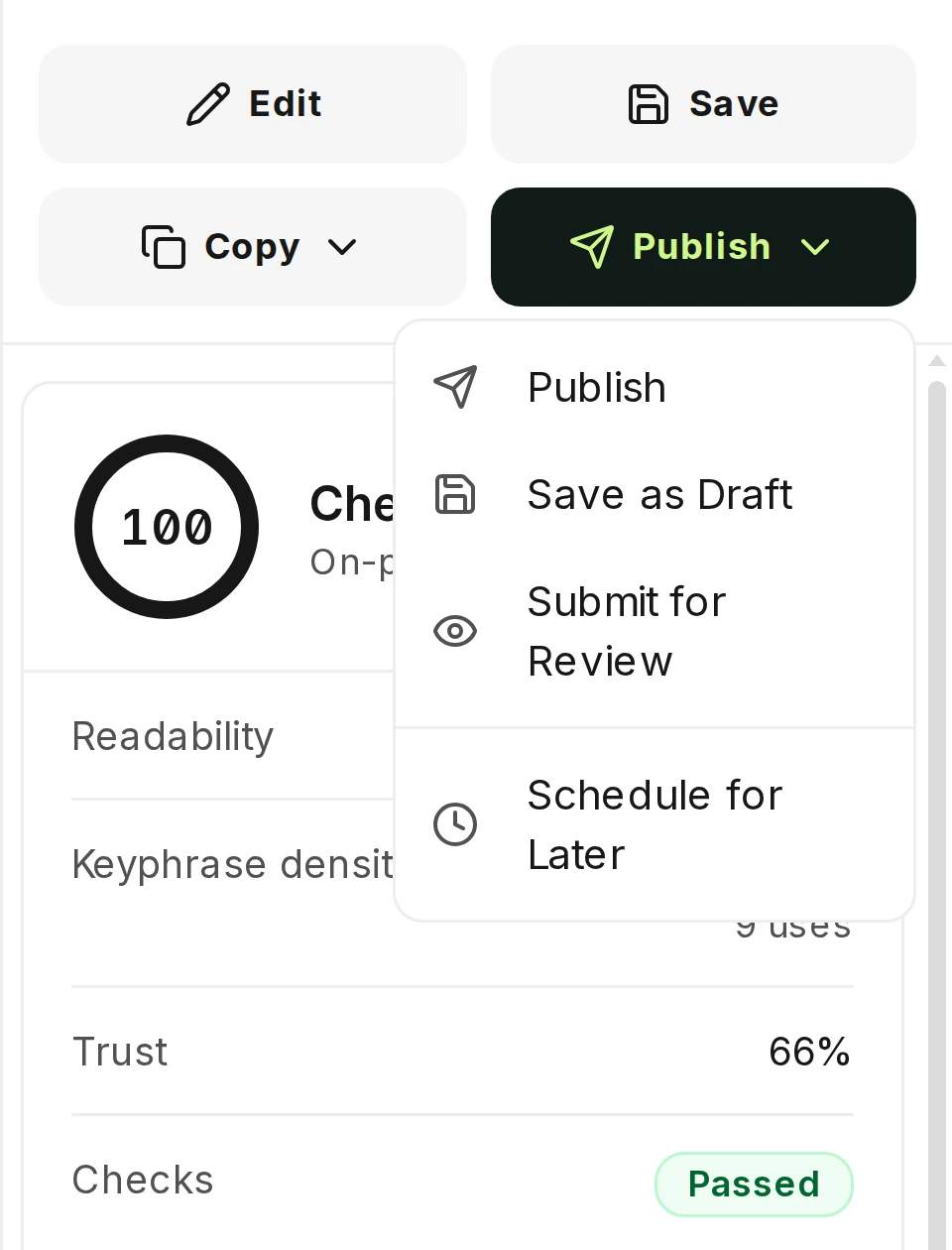A finished article's actions in Rext AI with the publish menu open, starting with Publish and Save as Draft.