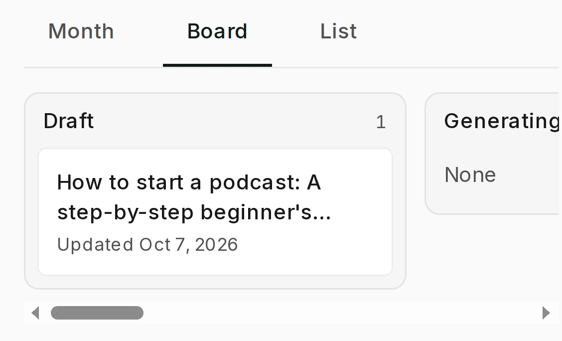 The calendar in Rext AI on its board, with one draft.