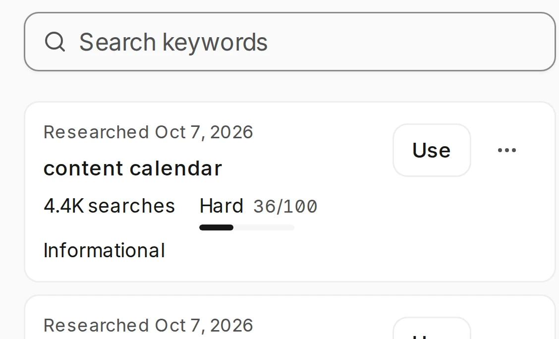 Saved keywords in Rext AI, each with its monthly volume, difficulty and search intent.