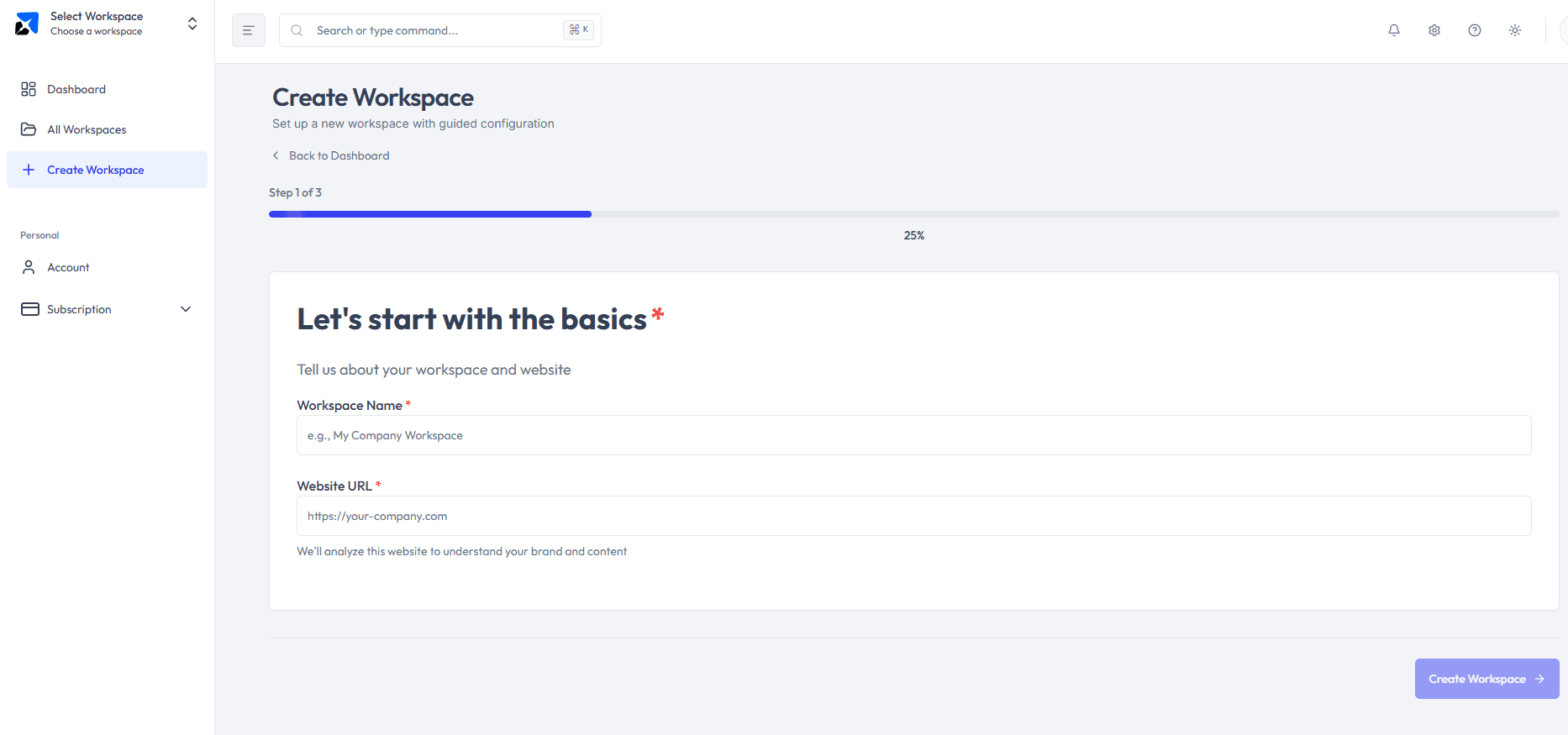 Rext workspace setup page