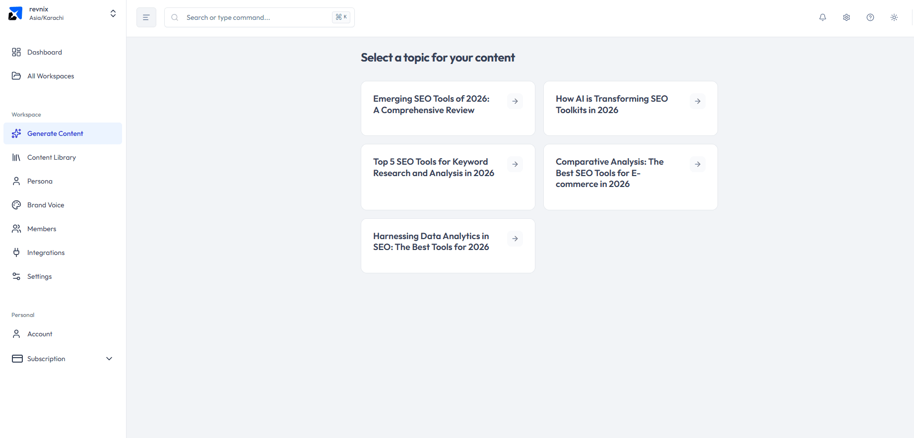 Rext — Select a topic for your content