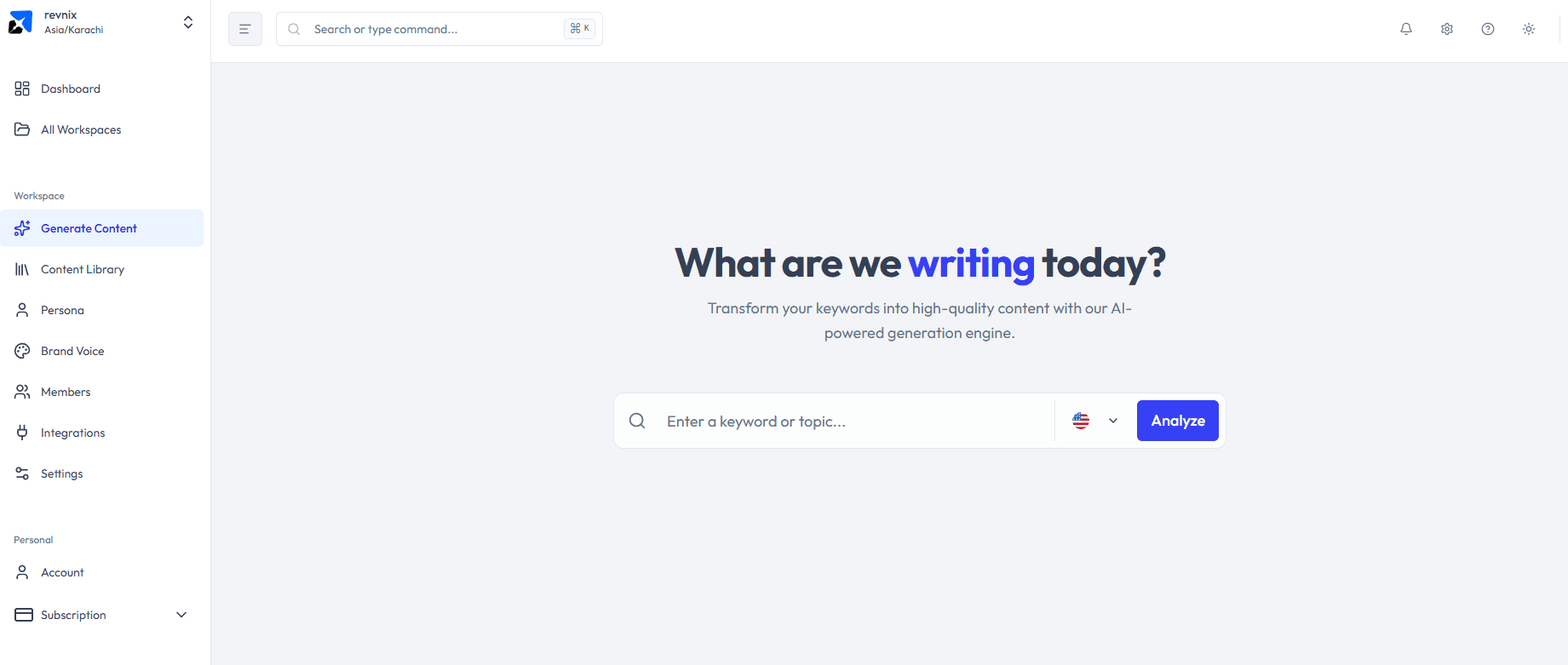 Rext dashboard — Enter a keyword to generate content