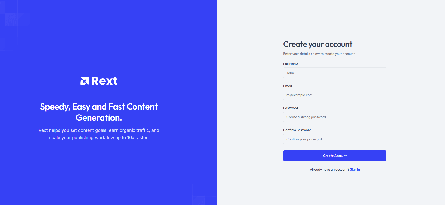 Rext signup page — Create Your Account
