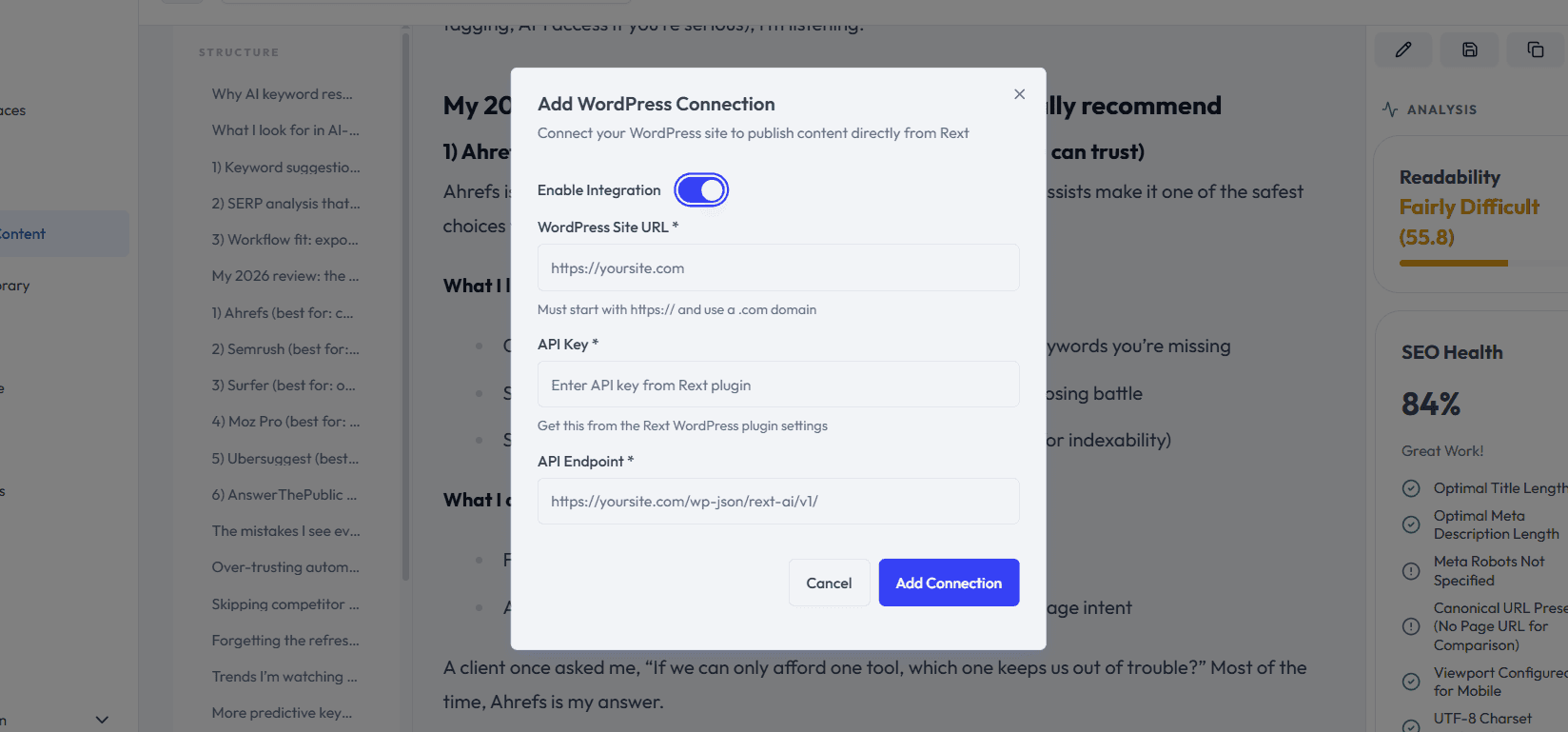 Rext — Add WordPress Connection to publish content