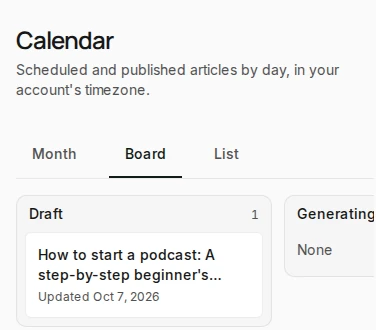 The calendar in Rext AI on its board: the articles by status, with one draft, beside the month and list views.