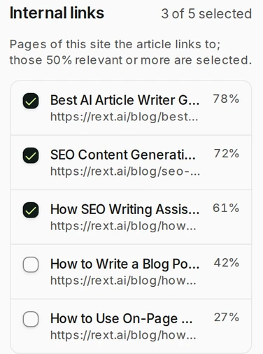 The Internal Links panel of an outline in Rext AI: five of the site's own articles with their addresses and their relevance, from 78% to 27%; the three at 50% or more are selected.