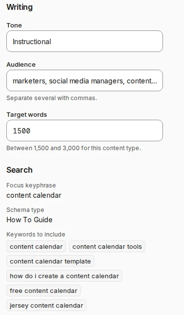 Step 5 in Rext AI, Content Outline, for “Creating a content calendar for social media success”: the outline's five steps and three tools, each to reorder, open or edit, and beside them the tone, the audience, the target of 1,500 words and the keywords to include, then Approve and generate.