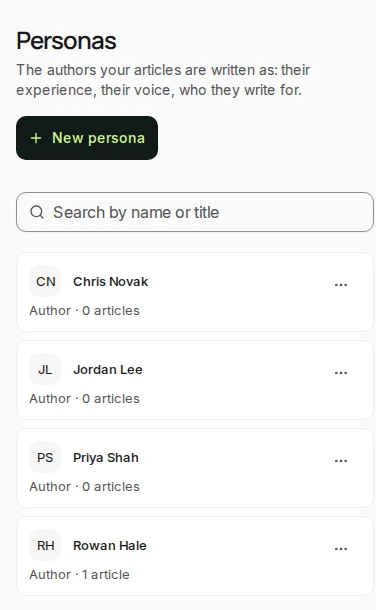 Personas in Rext AI: the authors your articles are written as, each with their title and the number of articles written as them, and New persona.