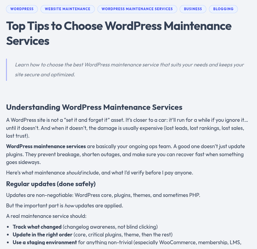 A generated article, 'Top Tips to Choose WordPress Maintenance Services'