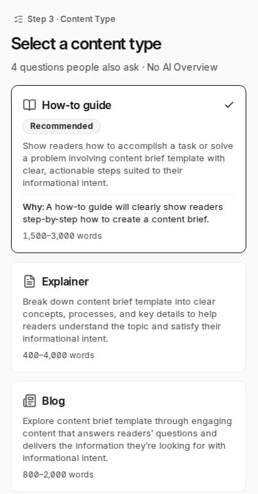 Select a content type Step 3 in Rext AI, Select a content type: How-to guide marked Recommended with why it fits, then Explainer and Blog, each with its word range.