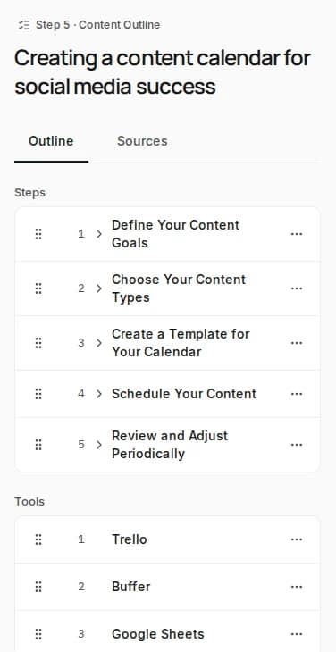 Review and approve the outline Step 5 in Rext AI, Content Outline: the outline's steps and tools, each to reorder, open or edit; on a wide screen, the brief beside them: the tone, the audience, the target words and the keywords to include, then Approve and generate.