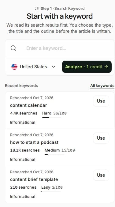 Search a keyword Step 1 in Rext AI, Search Keyword: the keyword box with its country and Analyze, and the recent keywords, each with its searches, difficulty and intent and Use.