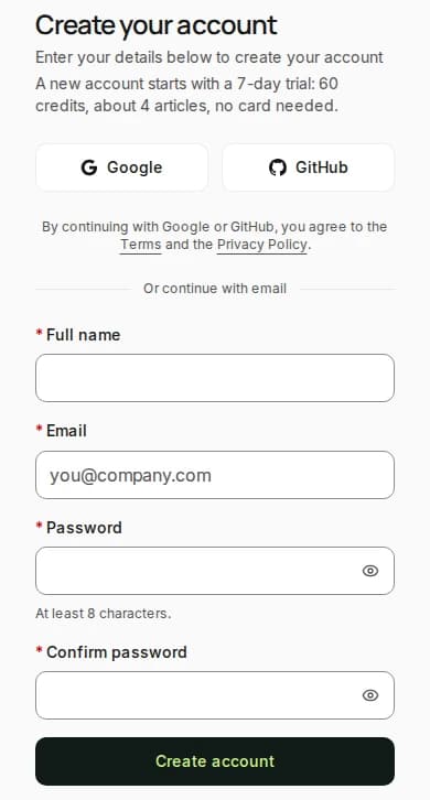 Create your account Create your account in Rext AI: with Google or GitHub, or with your full name, email, a password of at least 8 characters and the password again, then Create account.