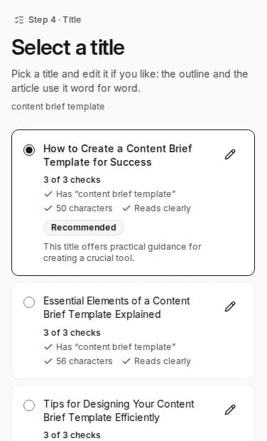 Select a title Step 4 in Rext AI, Select a title: titles for “content brief template”, each checked for the keyword, its length and how clearly it reads, one recommended; on a wide screen, the top search results beside them.